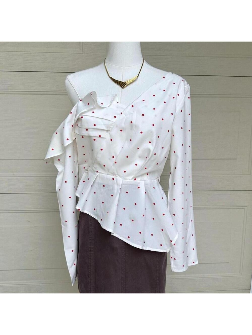 Nasty Gal Polka Dot Ruffle Wrap Blouse White Red Long Sleeve US 8 NWTS Deadstock
